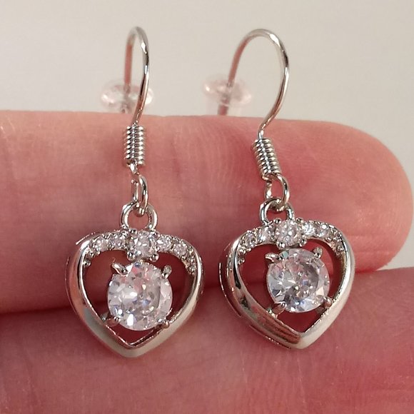 925 Sterling Silver Heart Romantic Diamond Zircon Dangle Earrings - Picture 2 of 4